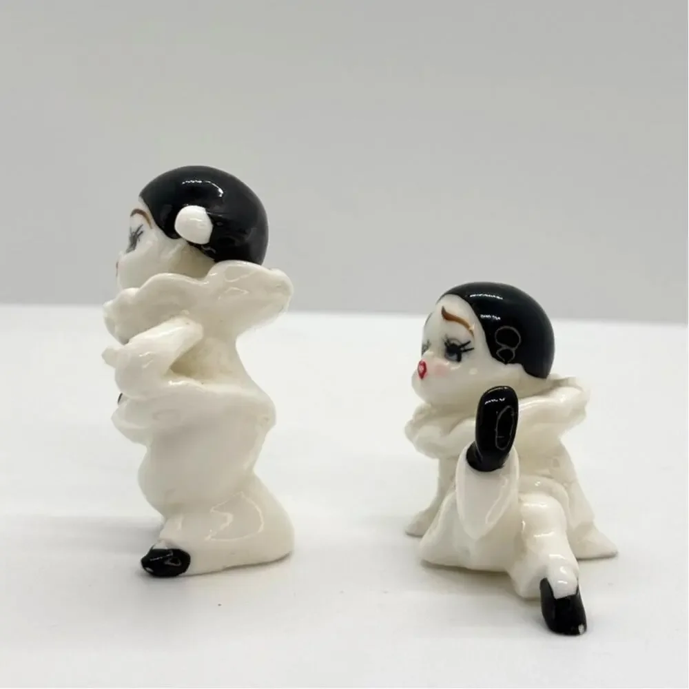 Vintage Set of 2 Small Harlequin Pierrot Porcelain Clown Mime Figurines